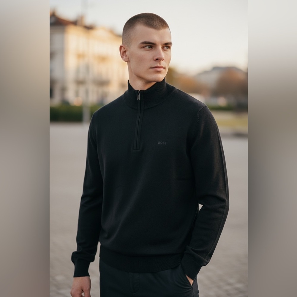 Boss Men's Zip-Up Black Sweater - Elevated Casual Style - Size M